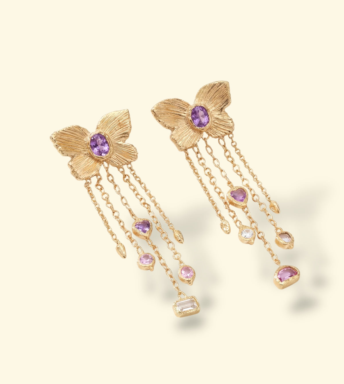 Butterfly Cuckoo Charm Earrings in 18 Ct Gold, Purple Oval Sapphires (Available at Tomfoolery London)