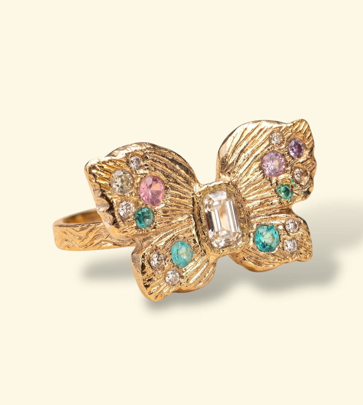 “Happiness” Butterfly Ring Sapphires, Paraibas and Diamonds in 18 Ct Gold