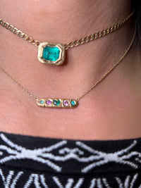 Five stories emerald Heart Paraíba Tourmalines Sapphires Bar necklace in 18 Ct Gold