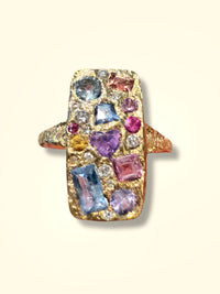 “Kaleidoscope” Rectangular Abstract Art 18Ct Gold Cocktail Ring with Sapphires and Diamonds