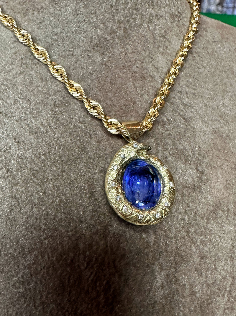 Ouroboros Blue Sapphire with Diamonds necklace in 14K Gold