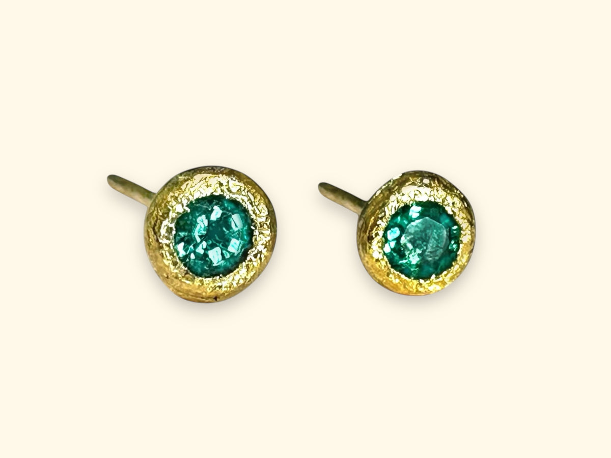 Exclusive to Tomfoolery - Emerald Bezel Round Studs 18 Ct Gold (Pair)