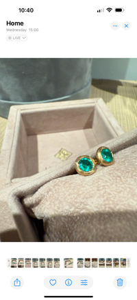 Large Natural Emerald Round Bezel Studs, Brushed 18 ct Yellow gold (Pair)