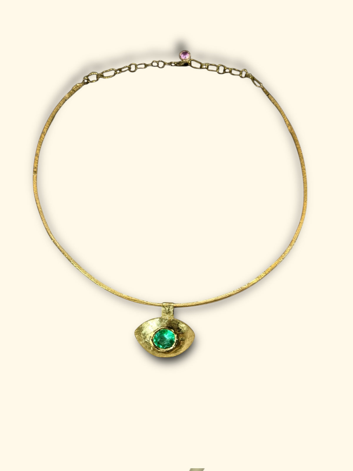 “Esmeralda Eye” Certified 2 Ct Emerald Round Large Evil Eye Wire Torque Collar Necklace 18 Ct Gold