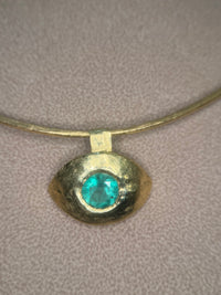 “Esmeralda Eye” Certified 2 Ct Emerald Round Large Evil Eye Wire Torque Collar Necklace 18 Ct Gold