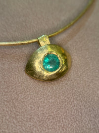 “Esmeralda Eye” Certified 2 Ct Emerald Round Large Evil Eye Wire Torque Collar Necklace 18 Ct Gold