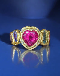 Red Pink Tourmaline Heart Love Ring with Geometric Sapphires and Diamonds 18 Ct Gold Abstract