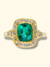 (Exclusive to Tomfoolery London) Cushion Cut 1.58 Cts Emerald IGI certified Diamond Halo rounds and baguettes Ring 18 Ct Gold