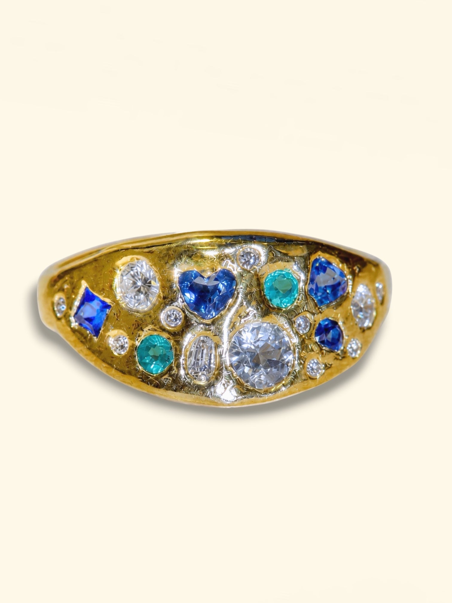 Abyss Sea Abstract Ring with Sapphires, Paraibas Tourmalines, Diamonds 18 Ct Gold