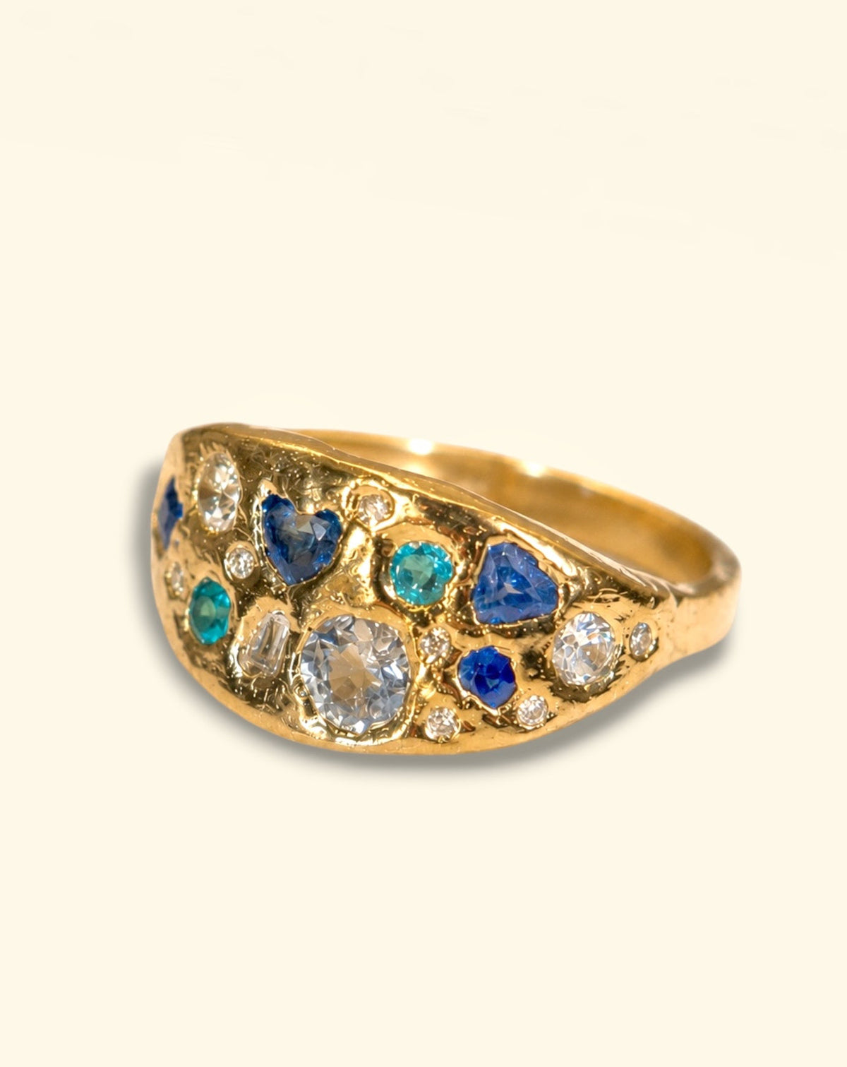 Abyss Sea Abstract Ring with Sapphires, Paraibas Tourmalines, Diamonds 18 Ct Gold