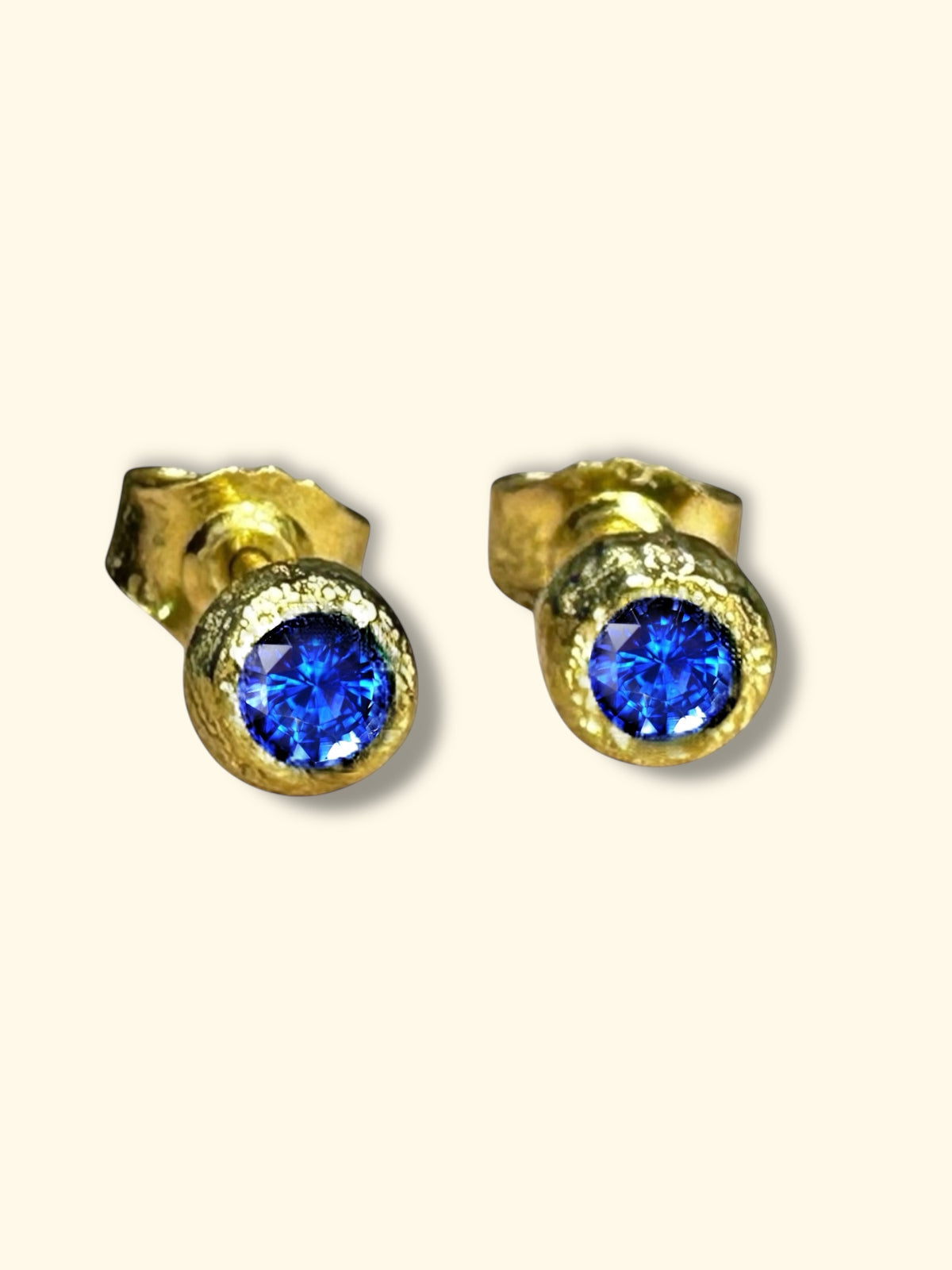 Blue Sapphires Bezel Round Studs 18 Ct Gold (Pair) Made to Order