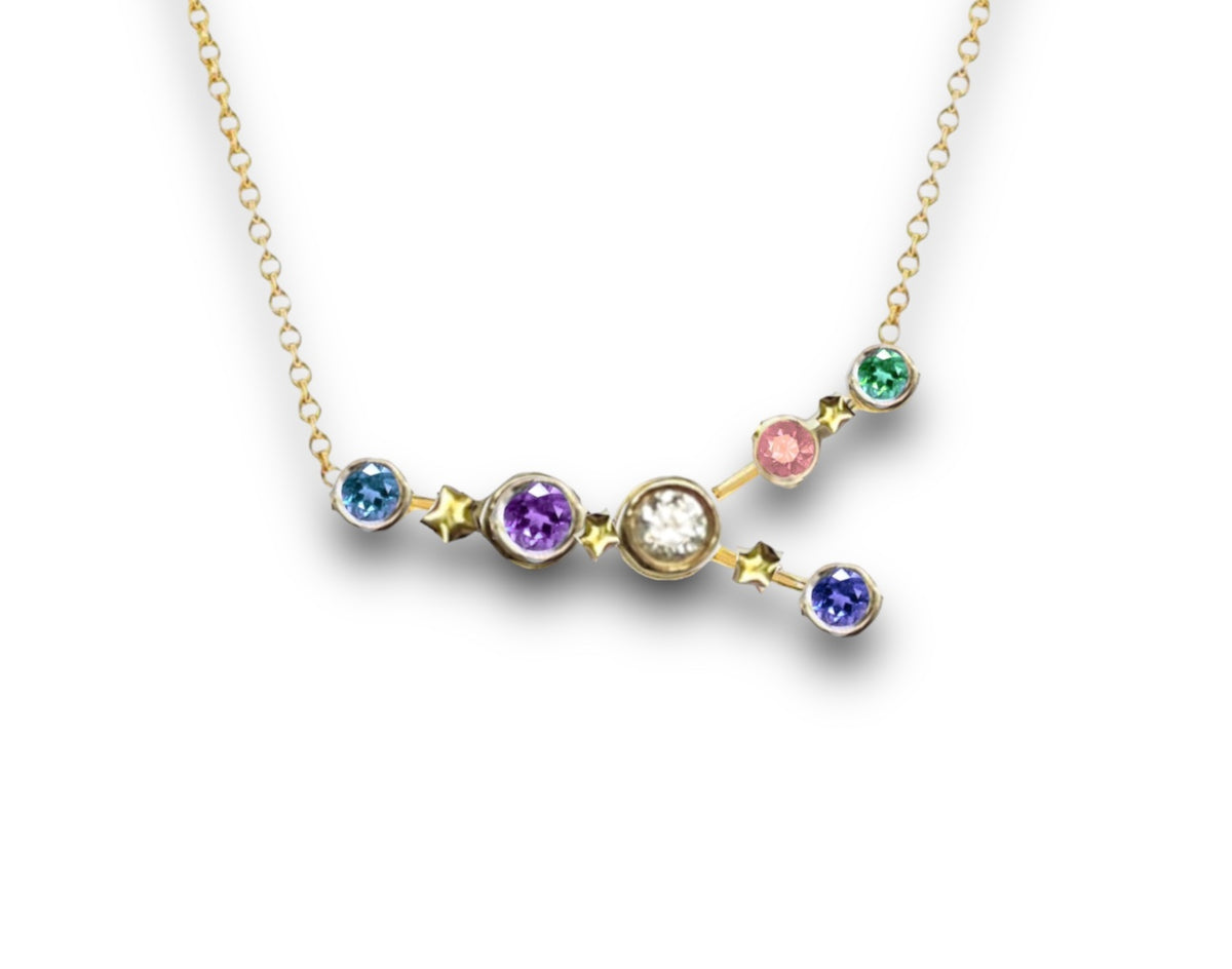 18K Gold Cancer Constellation Necklace with diamond, emerald, sapphires