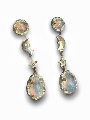 14K Yellow Gold Iris Opal Moon Stars Earrings with Diamonds