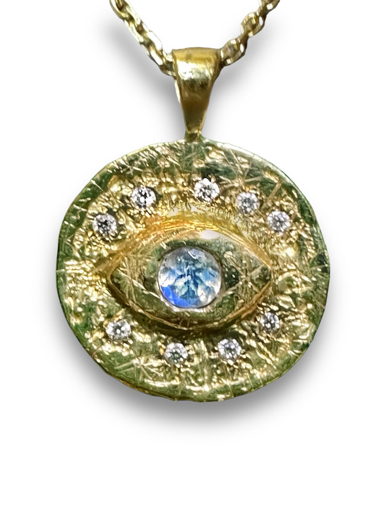 18K Yellow Gold Evil Eye Coin Talisman pendant necklace with diamonds and a moonstone