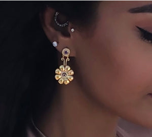 Cyclades Gold Knossos Flower Earrings with Diamonds and Blue Sapphires