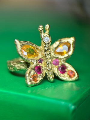 18K Yellow Gold Butterfly Ring with Sapphires one of a kind