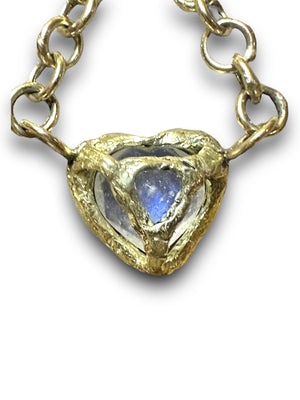 14K Yellow Gold Aphrodite Rainbow Moonstone Heart Necklace One of a kind