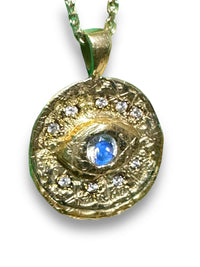 18K Yellow Gold Evil Eye Coin Talisman pendant necklace with diamonds and a moonstone