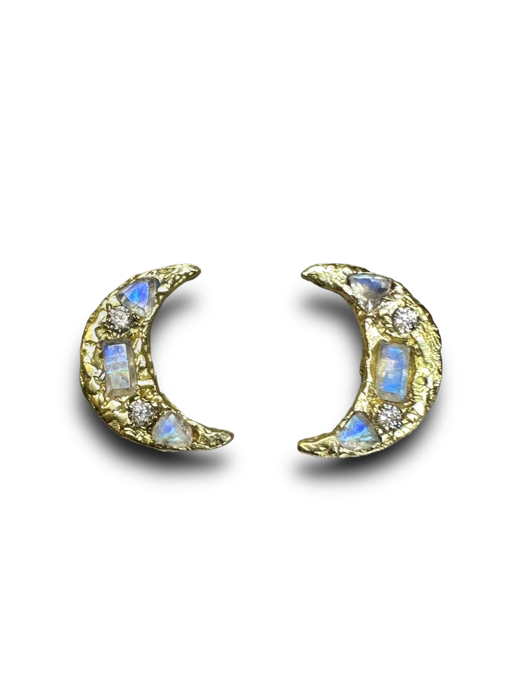 Large Celini 18K Yellow Gold Moon Stud Earrings with Diamonds and Moonstones
