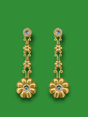 Cyclades Gold Knossos Long Flower Earrings with Diamonds and Blue Sapphires