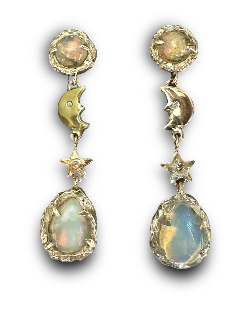 14K Yellow Gold Iris Opal Moon Stars Earrings with Diamonds