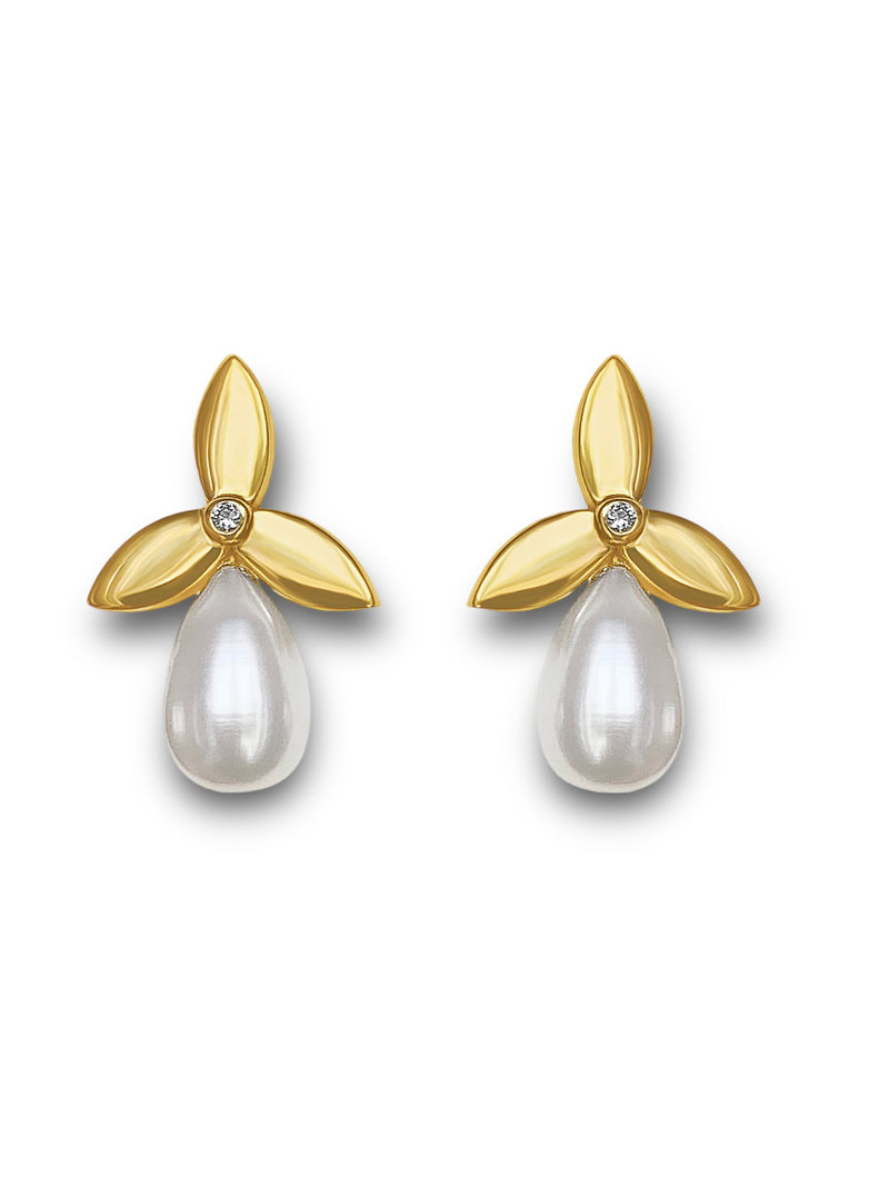 14K Yellow Gold Flower Pearl Earrings with Diamonds (In stock)