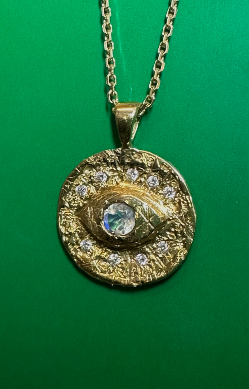 18K Yellow Gold Evil Eye Coin Talisman pendant necklace with diamonds and a moonstone