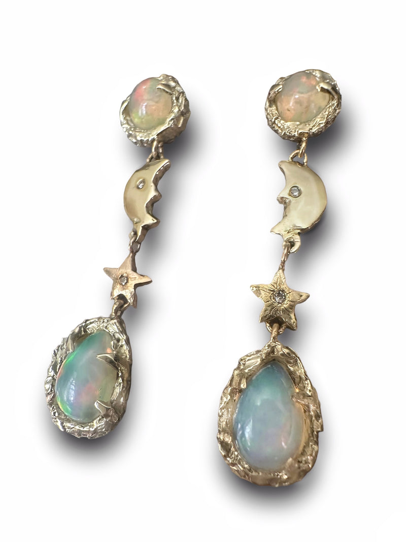 Iris Opal Moon Stars Earrings with Diamonds 14K Yellow Gold
