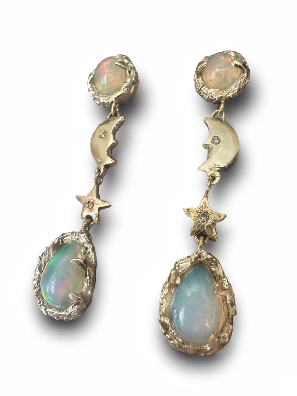 14K Yellow Gold Iris Opal Moon Stars Earrings with Diamonds