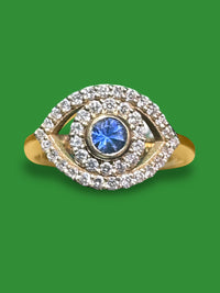 18K Gold White Diamonds Blue Sapphire Evil Eye Ring