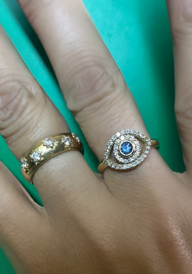 18K Gold White Diamonds Blue Sapphire Evil Eye Ring