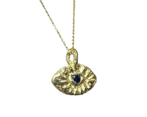 Evil Eye Blue Sapphire Necklace for Men in 18K Yellow Gold (Unisex)