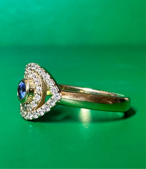 18K Gold White Diamonds Blue Sapphire Evil Eye Ring