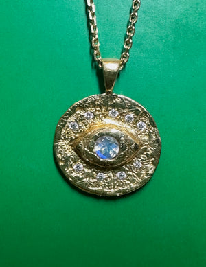 18K Yellow Gold Evil Eye Coin Talisman pendant necklace with diamonds and a moonstone