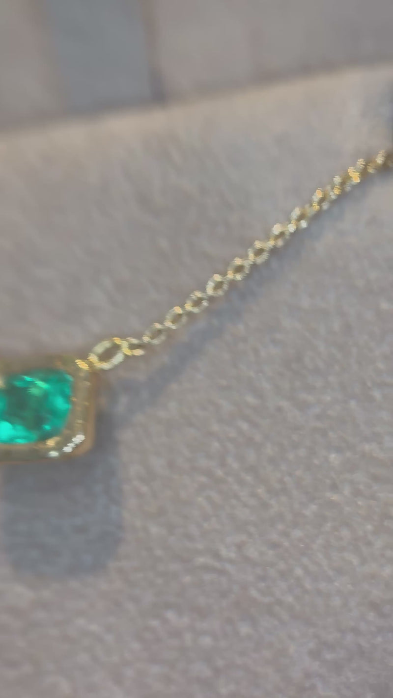SOLD - One Of A Kind Stunning Vivacious Green Emerald Bezel Set Necklace Emerald Cut 18 Ct Gold