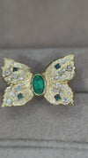 Emerald Butterfly Ring with White and Blue Diamonds 18 Ct Gold