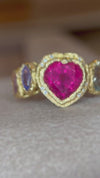 Red Pink Tourmaline Heart Love Ring with Geometric Sapphires and Diamonds 18 Ct Gold Abstract