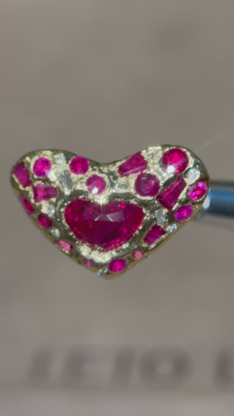 “Love you to Pieces” Ruby Heart, rubies baguettes, rounds and Diamonds 18 Ct Gold Ring