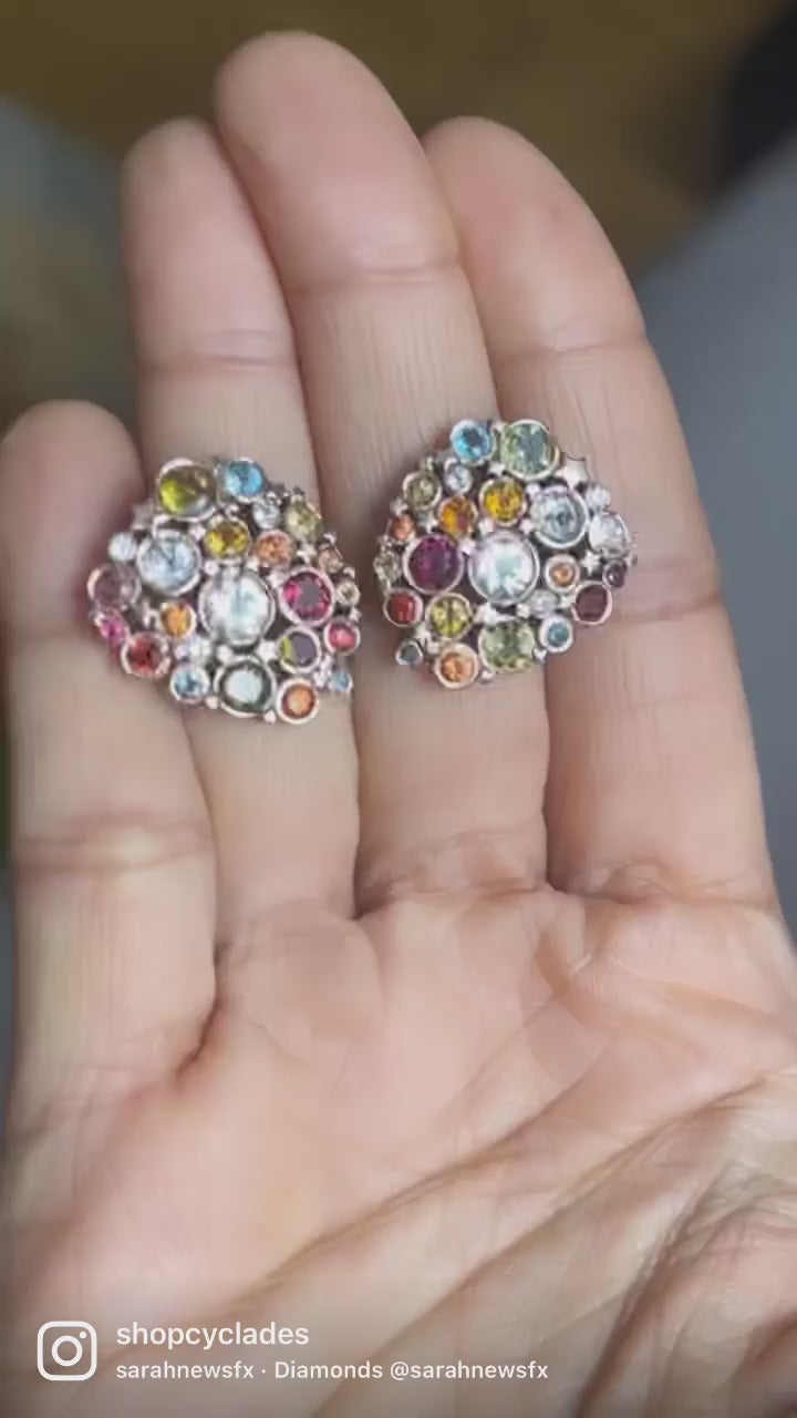 Cluster Constellation Sapphires and Semi Precious Stones Studs in 14K Gold
