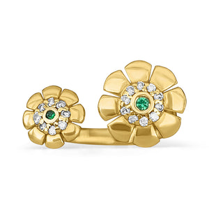 Double flower ring with diamonds