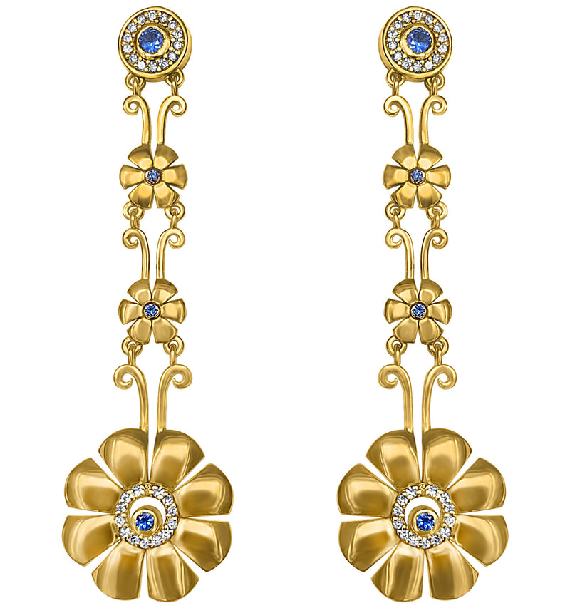 Cyclades Gold Knossos Long Flower Earrings with Diamonds and Blue Sapphires