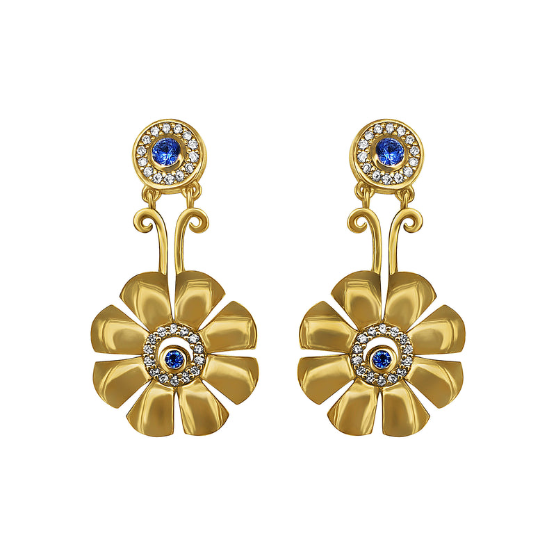 Cyclades Gold Knossos Flower Earrings with Diamonds and Blue Sapphires