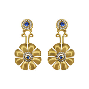 Cyclades Gold Knossos Flower Earrings with Diamonds and Blue Sapphires