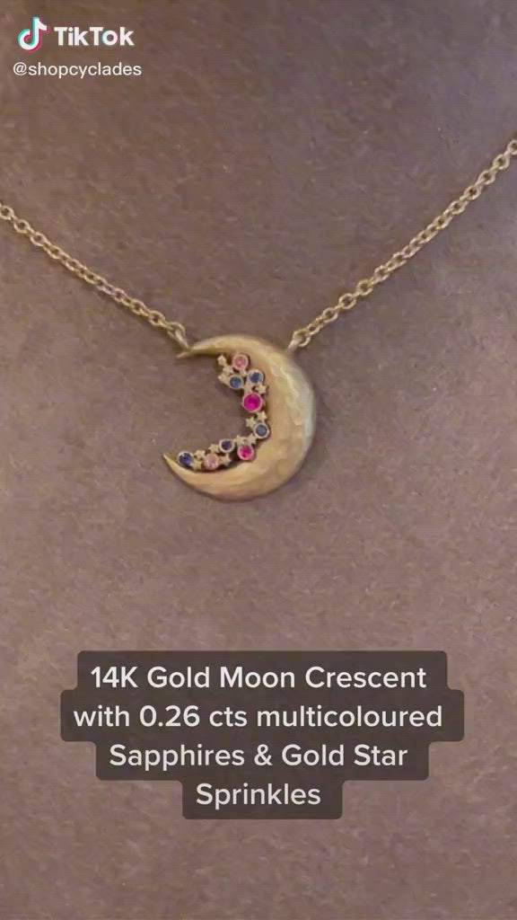14K Gold Moon with Stars and Sapphire Sprinkles