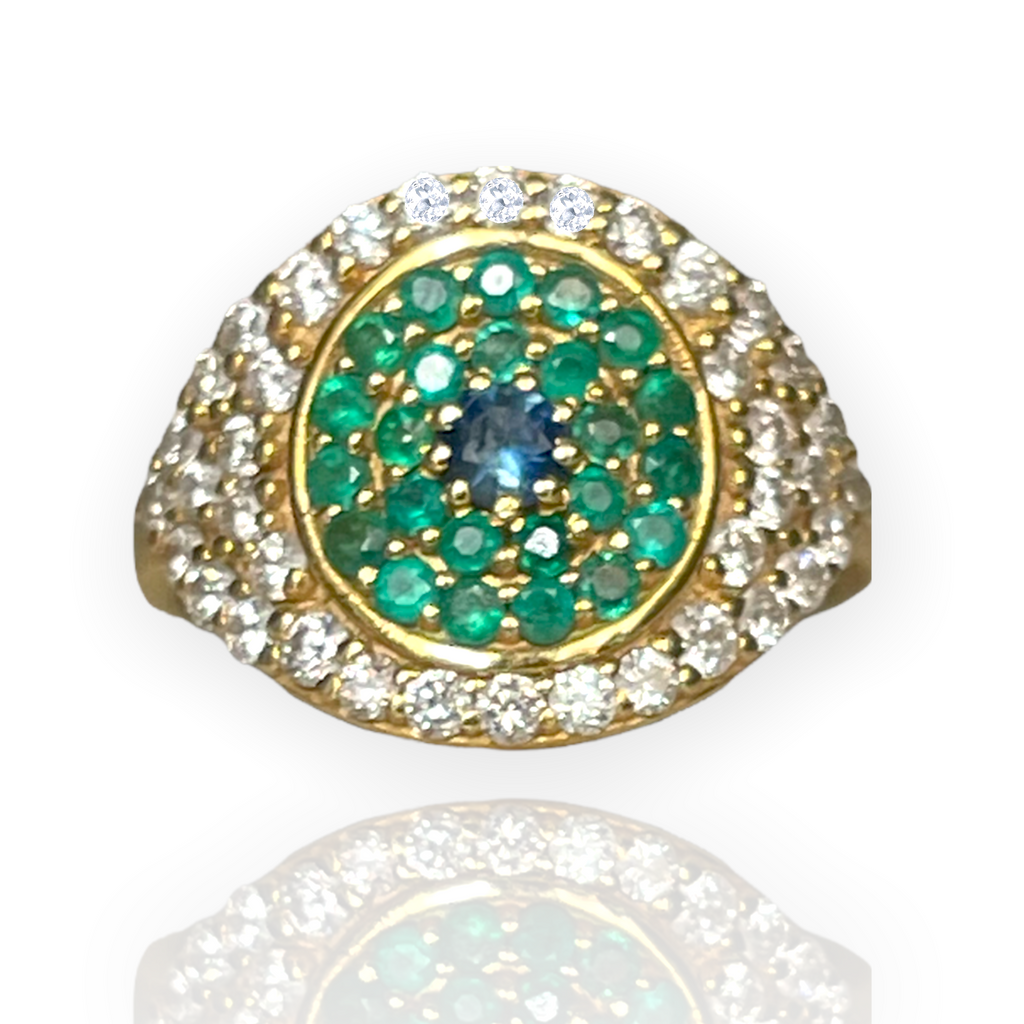 18K Yellow Gold Large Eye Ring with Diamonds with Emeralds