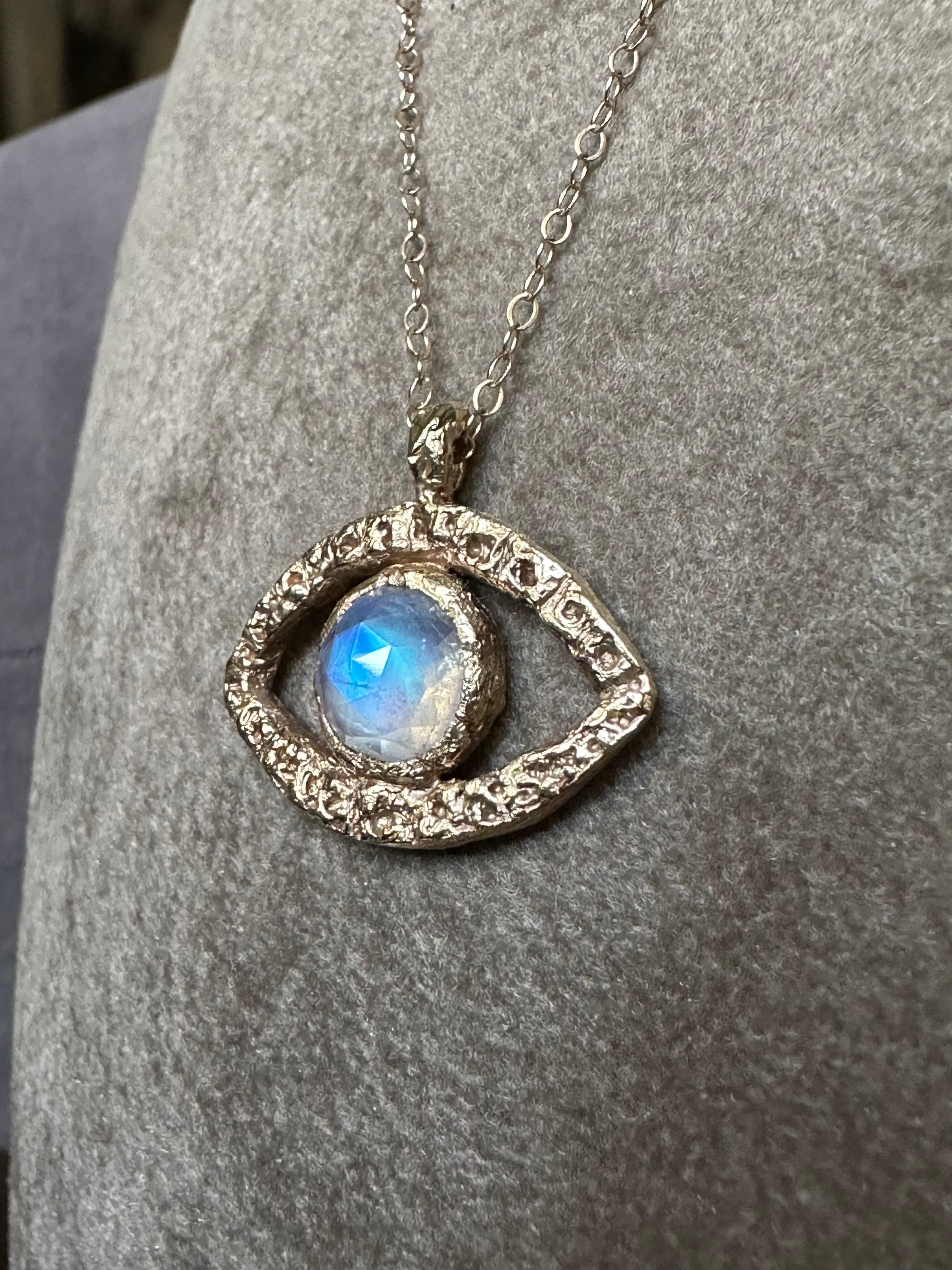 Rainbow Moonstone Eye Necklace  One of a kind 14K Yellow Gold