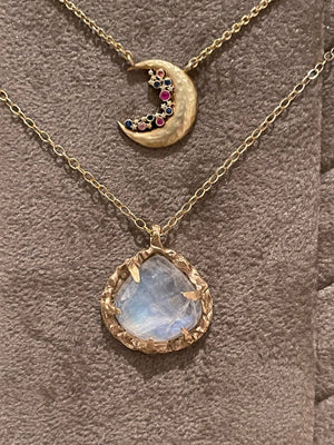 14K Gold Moon with Stars and Sapphire Sprinkles