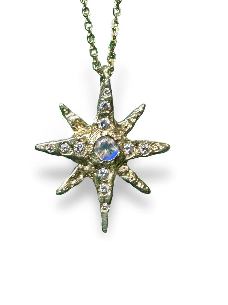 Moonstone North Star with Diamonds in 18K Yellow Gold