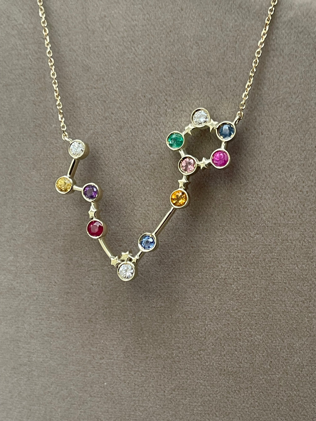 Pisces Constellation Necklace with diamonds and multicoloured sapphires