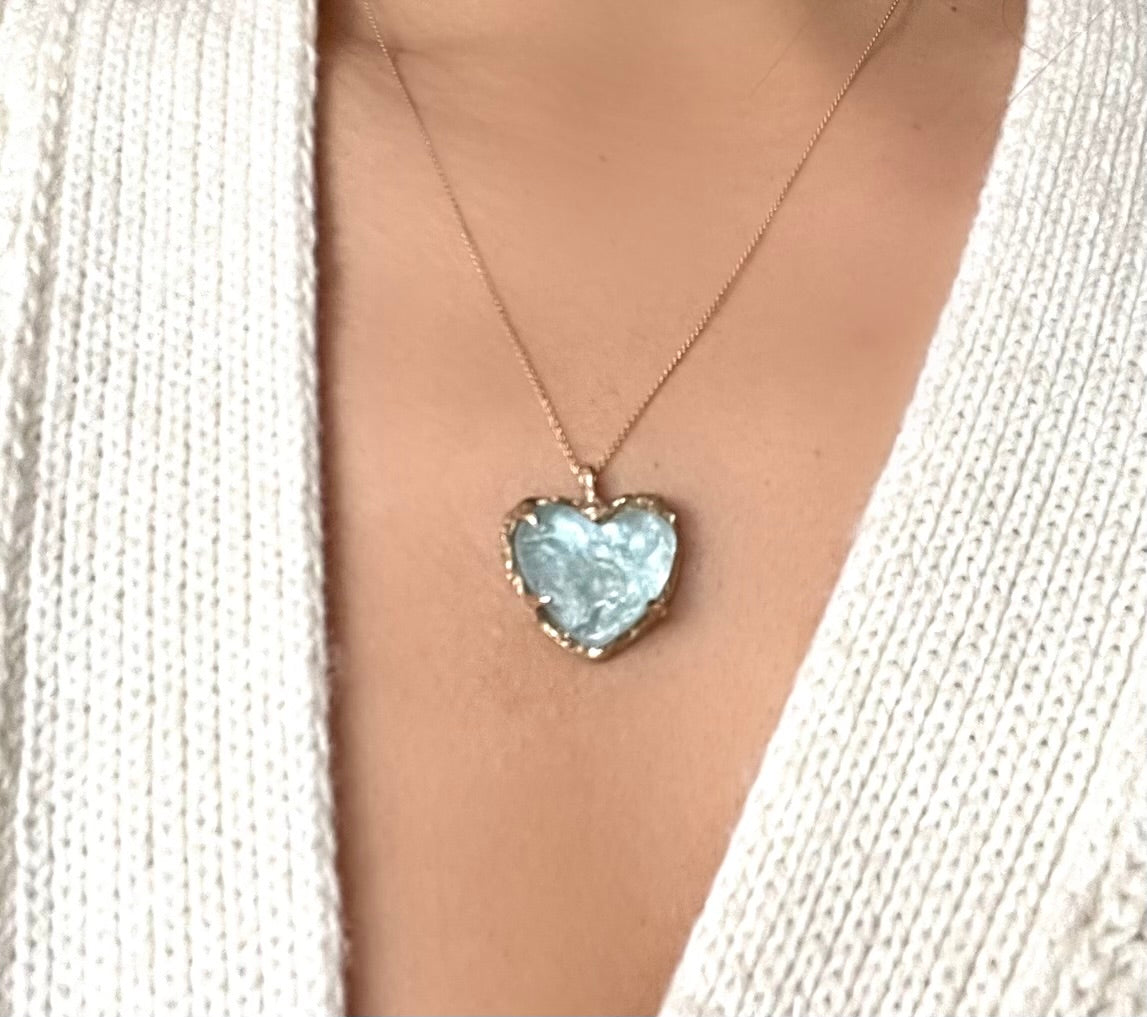 Large Heart Aquamarine Necklace in 14K Yellow Gold